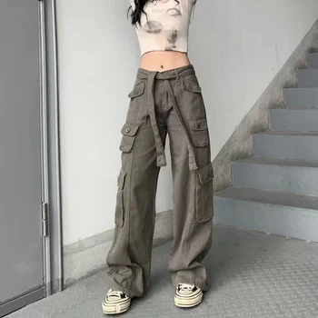 Sıcak Kız kargo Pantolon Kadın Elastik Yüksek Bel Büyük Cepler Pantolon Y2K Streetwear Hip Hop İpli Retro Baggy Kot Femme