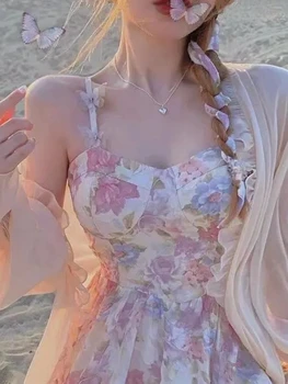 Kadın giyim Yaz Fransız Seksi Kısa Etek Çiçek Jartiyer şifon Elbise Güneş Koruma Gömlek Kore Versiyonu Plaj Elbise