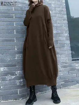 ZANZEA Sonbahar 2022 Büyük Boy Uzun Elbise Kore Tarzı Balıkçı Yaka Streetwear Casual Gevşek Midi Elbise Kadınlar Uzun Kollu Örme Elbise