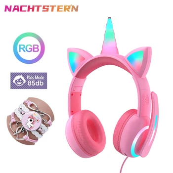 Unicorn Çocuk Kulaklıklar led ışık Kablolu kulaklıklar Gürültü Azaltma Mikrofon ile Ayarlanabilir Kafa Bandı Kasko çocuklar için doğum günü hediyesi
