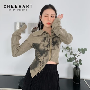 CHEERART Bahar 2022 Bayan Moda Kırpılmış Ceket Bandaj Asimetrik Fermuar Up Yüksek Moda Tasarımcısı Ceket Giyim