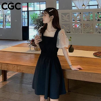 CGC 2021 Yaz Yeni Seksi Kadın Elbise Rahat Puf Kollu İnce Mini Elbise Vintage Fransız Bir Kelime Yaka Kadın Düz Elbiseler