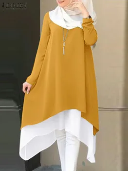 ZANZEA Şık Kadın Müslüman Bluz Sonbahar Uzun Kollu Patchwork Hem Gömlek Casual Dubai Türkiye Abaya Başörtüsü Blusa İslam Giyim