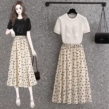Kadın Tatlı Zarif İlmek Örgü T Shirt Yaz 2022 Bayan Kore Moda 2 Parça elbise seti Kısa Kollu Üstleri Örgü Etek Takım Elbise