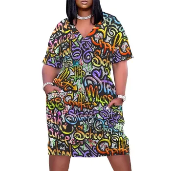 Kelime Graffiti Sokak Sanatı rahat elbise Kadın Mektubu Baskı Sevimli Elbiseler Bahar V Boyun Sokak Moda Baskılı Elbise Artı Boyutu 5XL