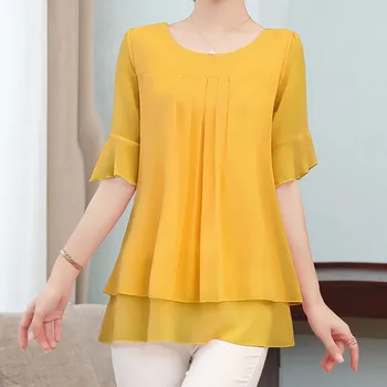 Bayan Düz Renk Bluz Kadınlar Sarı Moda Üst Şifon Kısa Kollu Casual Gömlek Bluz Zarif Ofis Giyim Femme 2022