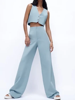 Kumsvag 2022 Yaz Kadın Keten 2 parça setleri Takım Elbise Rahat Katı Yelek Mont ve Pantolon Kadın Zarif Sokak Takım Elbise Giyim