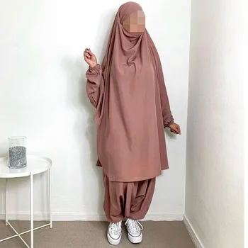 Eid Müslüman abayas kadınlar için 2 adet Namaz Konfeksiyon jilbab pantolon ile Ramazan çarşafımın seti İslam Giyim uzun khimar kollu