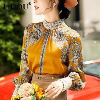 Bahar Sonbahar Yarım Yüksek Yaka Vintage Baskı Nakış Dantel Patchwork Gömlek Bayanlar Zarif Tüm Maç Kazak Üst Kadın Bluz