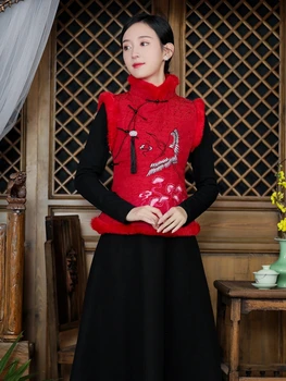 2023 Çin tang takım elbise üst kadın vinç tasarım zarif vintage kırmızı bahar festivali geleneksel vintage çok yönlü yelek pd