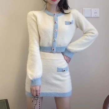 Kadın Örgü Yumuşak Kontrast Renk Hırka Kore Tek göğüslü Düğme Örme Kazak Paketi Kalça Mini Etek İki Parçalı Set