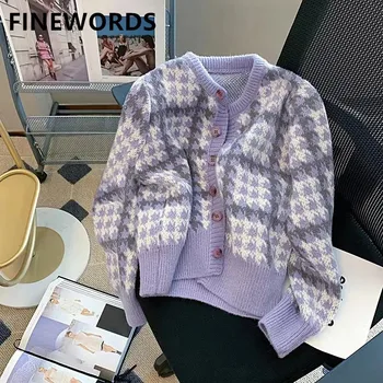FINEWORDS Sonbahar Mor Balıksırtı Vintage Hırka O Boyun Kış Örme Kırpılmış Hırka Kore Streetwear Baskılı Kazak