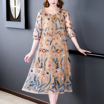 Yaz Çiçek Nakış Dut İpek Midi Elbise Kadın Moda Yüksek Sokak Ruffled Elbise 2022 Kore Vintage Casual Vestidos