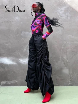 Soefdioo Düz Renk Dantelli Gevşek Pantolon Kadın 2022 Sonbahar Yüksek Bel Elastik Cepler Geniş Bacak Pantolon Kadın Dipleri Streetwear