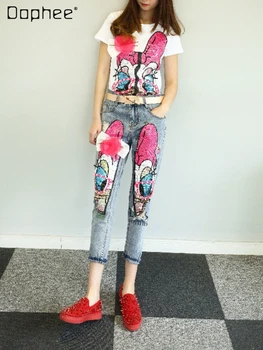 Yaz Kadın Yüksek Belli Kot Tatlı Pembe Karikatür Sequins Yıpranmış Rahat Ayak Bileği Bantlı Pantolon Fenmale Yüksek Sokak Kırpılmış Kot