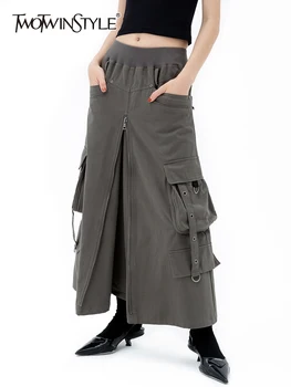 TWOTWINSTYLE Streetwear Midi Etek Kadınlar İçin Yüksek Bel Bir Çizgi Patchwork Cepler Katı Uzun Etekler Kadın Yaz Giyim 2022