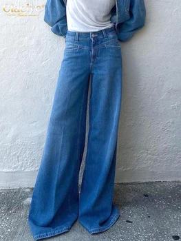 Clacive Vintage Gevşek Mavi Kot Kadın Moda Yüksek Bel Ofis Bayan Pantolon Rahat Tam Boy Geniş Bacak Kot Pantolon Kadın
