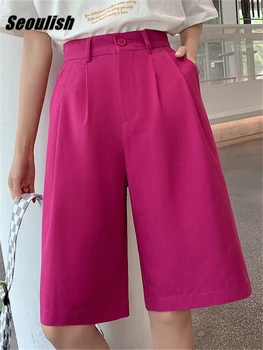 Seoulish Geniş Bacak kadın Yarım Takım Elbise Pantolon 2022 Yeni Yaz Yüksek Bel Kadın Zarif Minimalizm Ofis Gevşek Pantolon Cepler