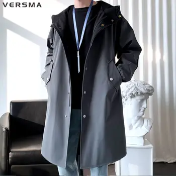 VERSMA Kore Moda Kapşonlu Su Geçirmez Rüzgarlık Ceket Ceket Erkekler Sonbahar Şık Büyük Boy Uzun Siyah Trençkot Erkekler Dropshipping