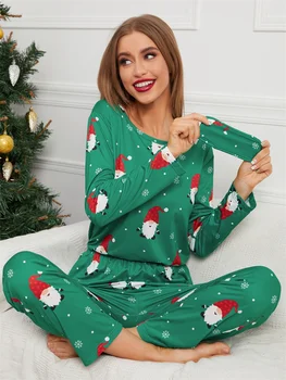 Noel Kadın Pijama Seti Noel Baskı Pijama Kıyafetler Noel Uzun Kollu Üstleri Rahat Gevşek Pantolon İki Parçalı Set