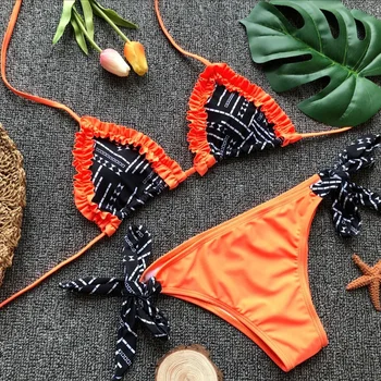 Bikini 2022 Seksi Fırfır Baskı Halter Düğümlü Mayo Mayo Kadınlar bikini seti Mayo Plaj Bikini Kadın Banadores Mujer