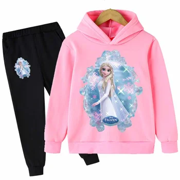 Bebek Kız Dondurulmuş pamuklu kapüşonlar Setleri Bahar Sonbahar Karikatür Tişörtü Pantolon Elbise Takım Elbise Çocuk Rahat Kostümleri Kıyafetler