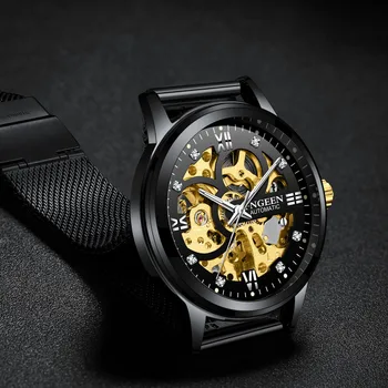 FNGEEN Üst Marka Lüks İskelet Otomatik Saatler paslanmaz çelik tel örgü Kayış erkek saati Relogio Aydınlık Mekanik Saat