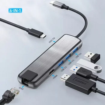 tebe USB C HUB Adaptörü 6 in 1 Tip-C USB 3.0 HDMI Uyumlu Gigabit LAN Ethernet Dock MacBook Pro için Hub Şarj Splitter