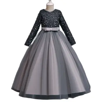 2022 Yeni Stil Çocuk Uzun Kollu Ayak Bileği Uzunluğu Elbise Prenses Çocuk Kız Pullu Frocks Parti Yay Etek 4-14 yıl