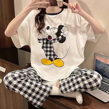 Disney Karikatür Mickey Winnie Kar Beyaz Pijama Bayanlar Yaz Kısa Kollu Sevimli Pantolon İnce Kızlar Gevşek Gecelik Pijama Seti