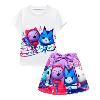 2022 Yaz Gabbys Dollhouse Kostüm Bebek Kız Karikatür Kediler elastik T Shirt Yay Etekler 2 adet Setleri Küçük Kız Giysileri Kıyafetler