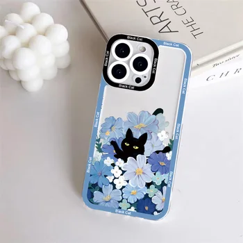 Sevimli Karikatür Siyah Kedi Temizle Telefon Kılıfı için iPhone 11 12 13 Pro MAX X XR XS Mavi Çiçekler iPhone 7 8 Artı SE 2020 Arka Kapakları