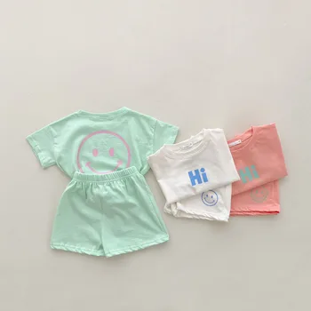 Yaz Pamuk Bebek Setleri Eğlence Spor Erkek Kız Gülen T-shirt + Şort Setleri bebek kıyafetleri Erkek Bebek Giysileri Çocuklar Kıyafetler