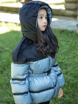 Rus Kış Yeni Kız Aşağı Ceket Kapşonlu Beyaz Ördek Aşağı Giyim Çocuk Parka Patchwork Renk Kalın Kemer Kayak Takım Elbise Wz904