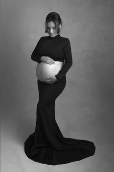 Iki Parçalı Hamile Kıyafeti Elbise Uzun Kollu Photoshoot için Kadın Kırpma Üst Etek Seti Gebelik Bodysuit Giysileri Fotoğraf