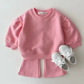 Çocuk Giyim 2022 İlkbahar Sonbahar Kore Tarzı Bebek Şeker Renk Yeni Moda Hoodie ve Pantolon Rahat İki Adet Set Çocuklar
