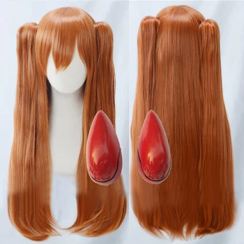 Asuka Langley Soryu Peruk Uzun Turuncu ısıya dayanıklı Sentetik Saç Cosplay Peruk 2 At Kuyruğu Klipleri Peruk + kızıl Saç Tokaları