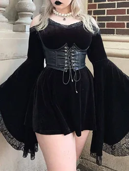 InsDoit Goth Parlama Kollu siyah elbise Kadınlar Estetik Kadife Vintage Dantel Sonbahar Elbise Kapalı Omuz Harajuku Zarif Parti Elbise