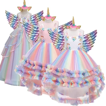 Kızlar Düğün Parti uzun elbise Renkli Örgü Kek Kabarık Elbise Kızlar Unicorn Prenses Elbise Festivali Performans Elbise