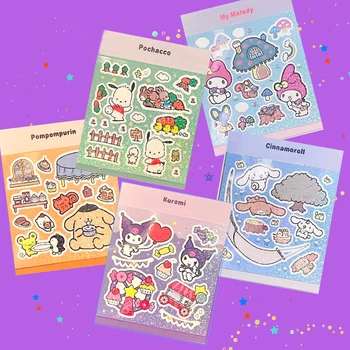 Mymelody Cinnamoroll Kuromi Sevimli Hayvan Aile Anime Lazer Sticker Dekorasyon Dizüstü Araba Bagaj Su Geçirmez çıkarılabilir etiket