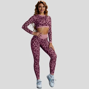 2/3 ADET Dikişsiz Leopar Yoga Setleri Spor Spor Yüksek Bel Kalça Yükseltmek Pantolon Uzun kollu Takım Elbise Egzersiz Spor Tayt Seti Kadınlar için