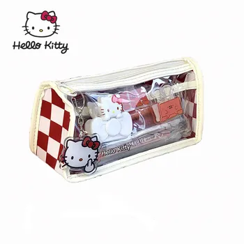 Hello Kitty Kırmızı Kalem Kutusu Şeffaf Anime Karikatür Kedi Büyük Kapasiteli Basit kırtasiye malzemesi saklama çantası Kawaii Kılıfı Organizatör