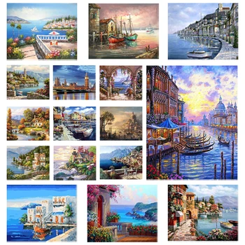 5D DİY Elmas Boyama Akdeniz Manzaralı Deniz Manzarası Sahil Kasabası Tam Kare / Yuvarlak Elmas Mozaik Resim Elmas Nakış