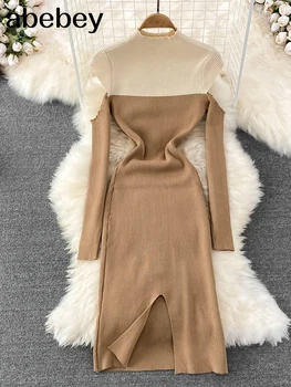 2022 Katı Kadın Örme Kalem Elbise Kore Uzun Kollu Elastik İnce Elbise Sonbahar Kış Seksi Bodycon Sıcak Kazak Elbise