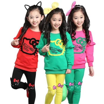 3 Renk Bahar Kız Giyim Seti Pamuk Güzel Kedi Takım Elbise Çocuklar İçin Gömlek + Pantolon 2 Adet Yüksek Kaliteli 2-9 Yıl Çocuk Giysileri