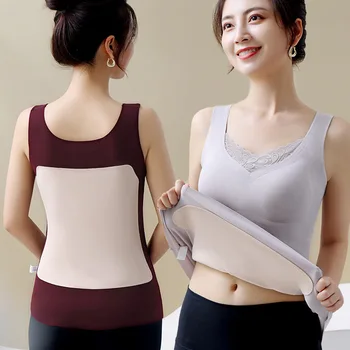 Kadın Yelek Dantel Elastik T-shirt Kolsuz 2022 Sonbahar Kış Sıcak Tutmak Kadife Tankı Üstleri Dikişsiz Kadın Rahat İç Çamaşırı