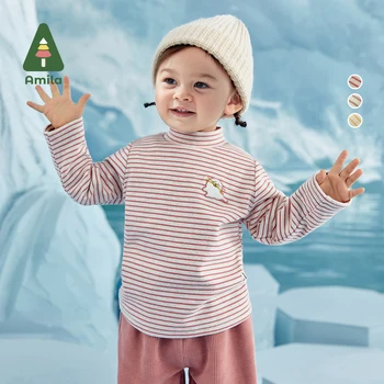 Amila Bebek T-shirt 2022 Kış Yeni Erkek ve Kız Organik Renkli Pamuk Şerit Kalınlaşmak Üstleri Çocuk Çok Yönlü Giysiler