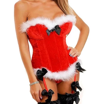 Bayan Seksi Iç Çamaşırı Noel Korse Santa Tops Tüy Kırpma Korse Dantel-up Büstiyer Rave Dans Karnaval Parti Clubwear